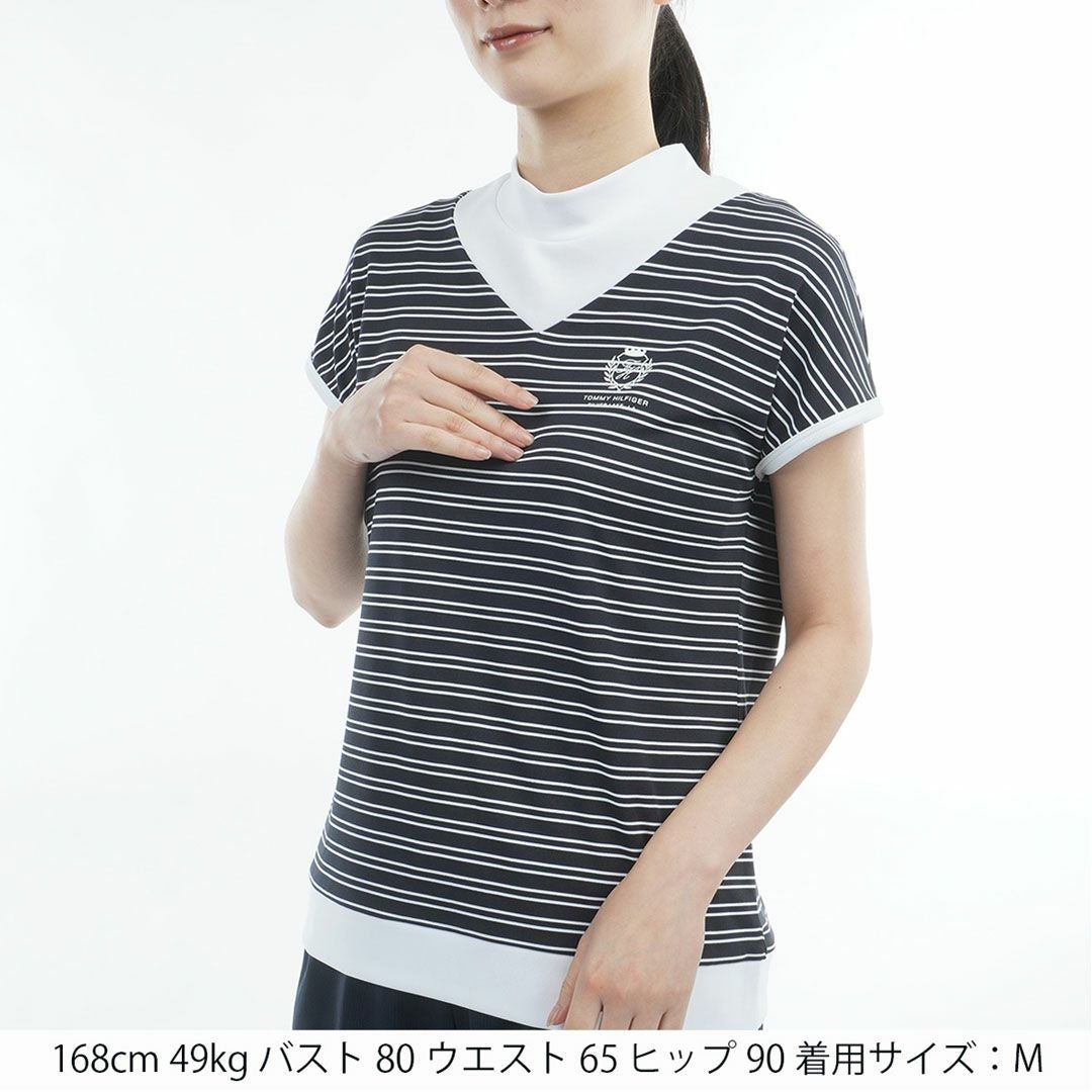 TommyHilfigerGolf トミーヒルフィガーゴルフ レディース モックネックシャツ 半袖 ホワイトネイビー ボーダー 詳細2