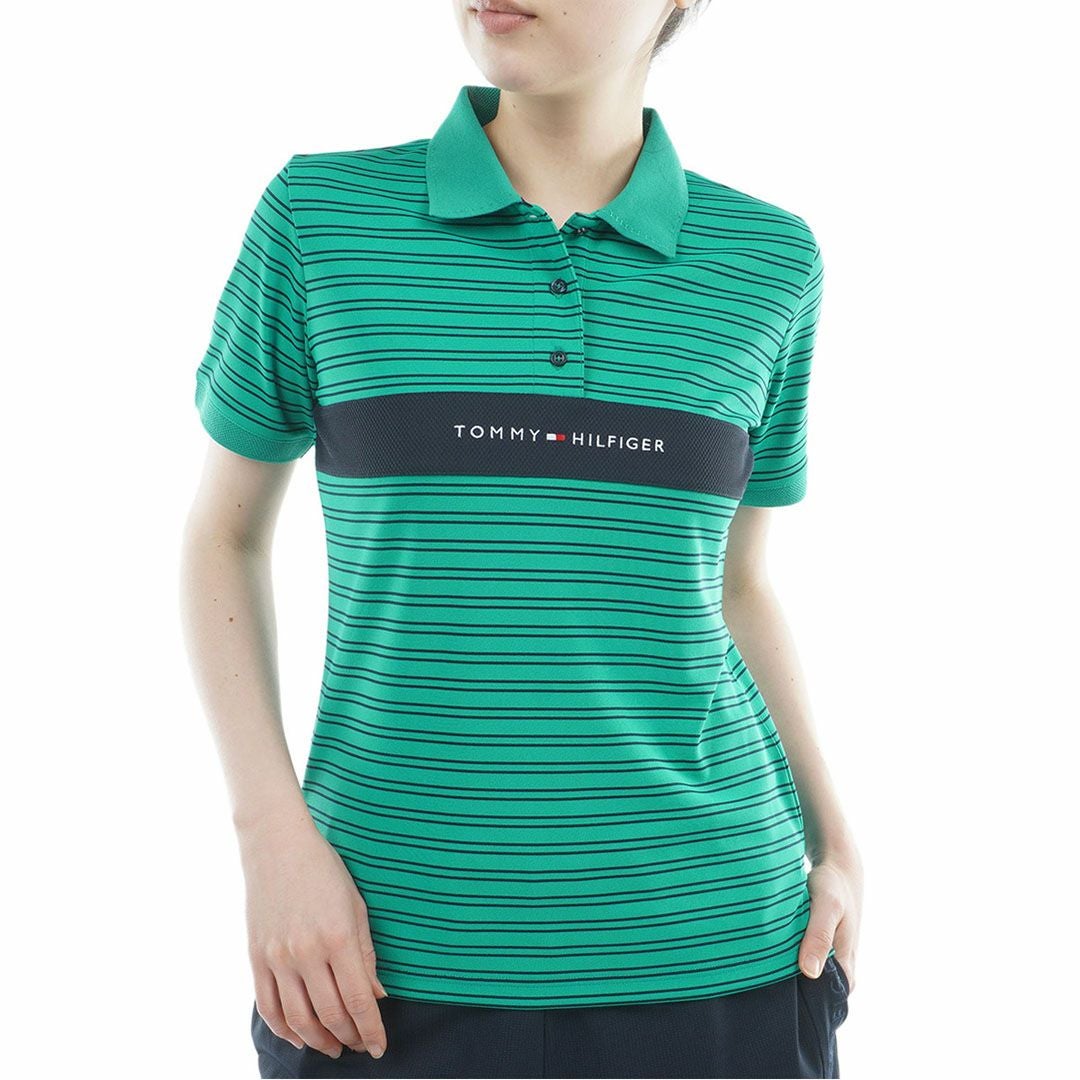 TommyHilfigerGolf トミーヒルフィガーゴルフ レディース ポロシャツ 半袖 グリーン ボーダー 詳細1