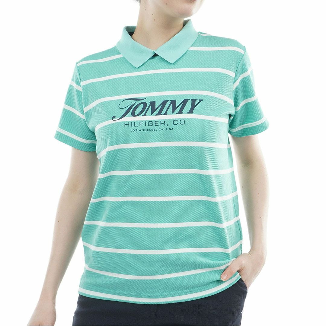 トミー ヒルフィガー ゴルフ TOMMY HILFIGER GOLF レディース ボーダースリット モックネックシャツ THLA624 ブルーグリーン