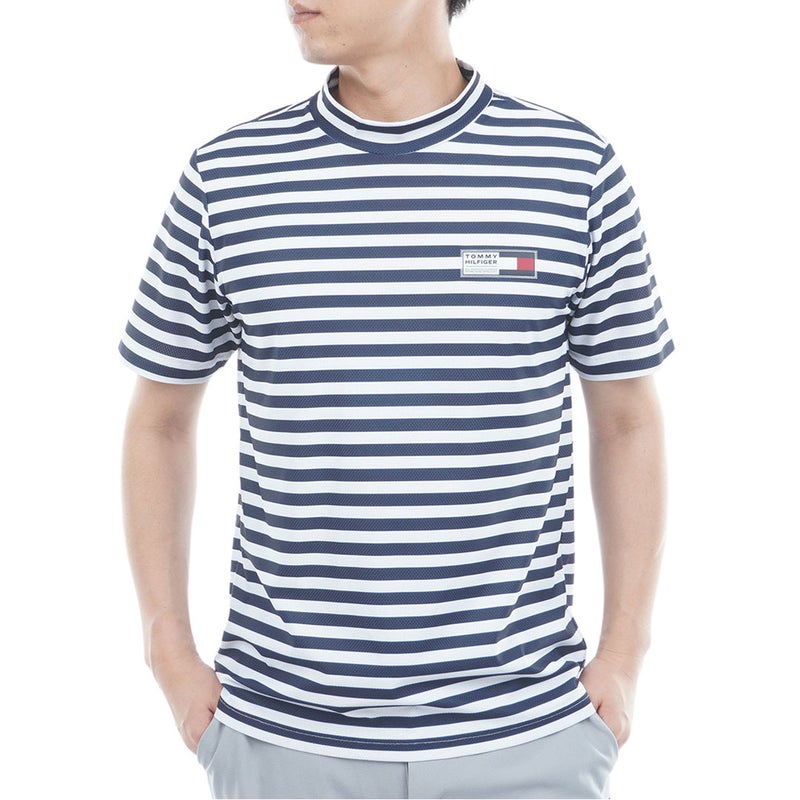 TommyHilfigerGolf トミー ヒルフィガー メンズ 半袖モックネックシャツ THMA603 ボーダー ホワイトネイビー