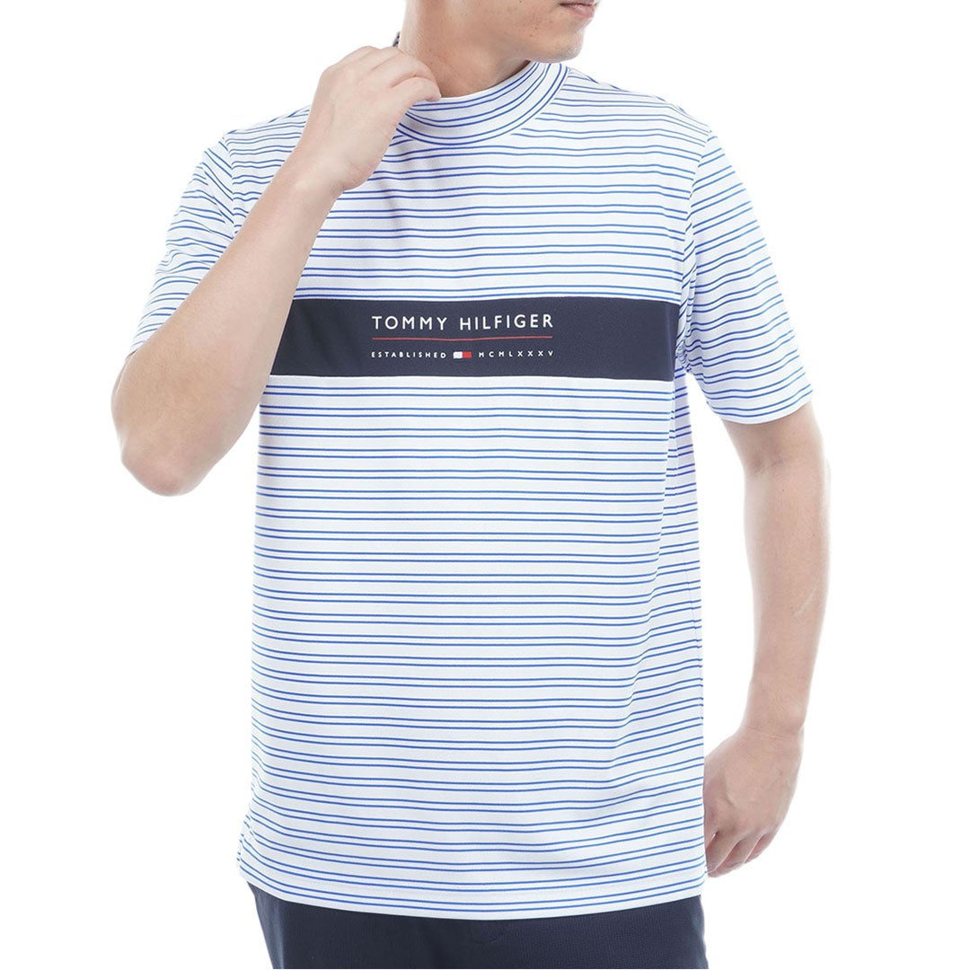 TommyHilfigerGolf トミー ヒルフィガー メンズ ゴルフウェア 半袖 モックネックシャツ THMA615 ブルー ボーダー