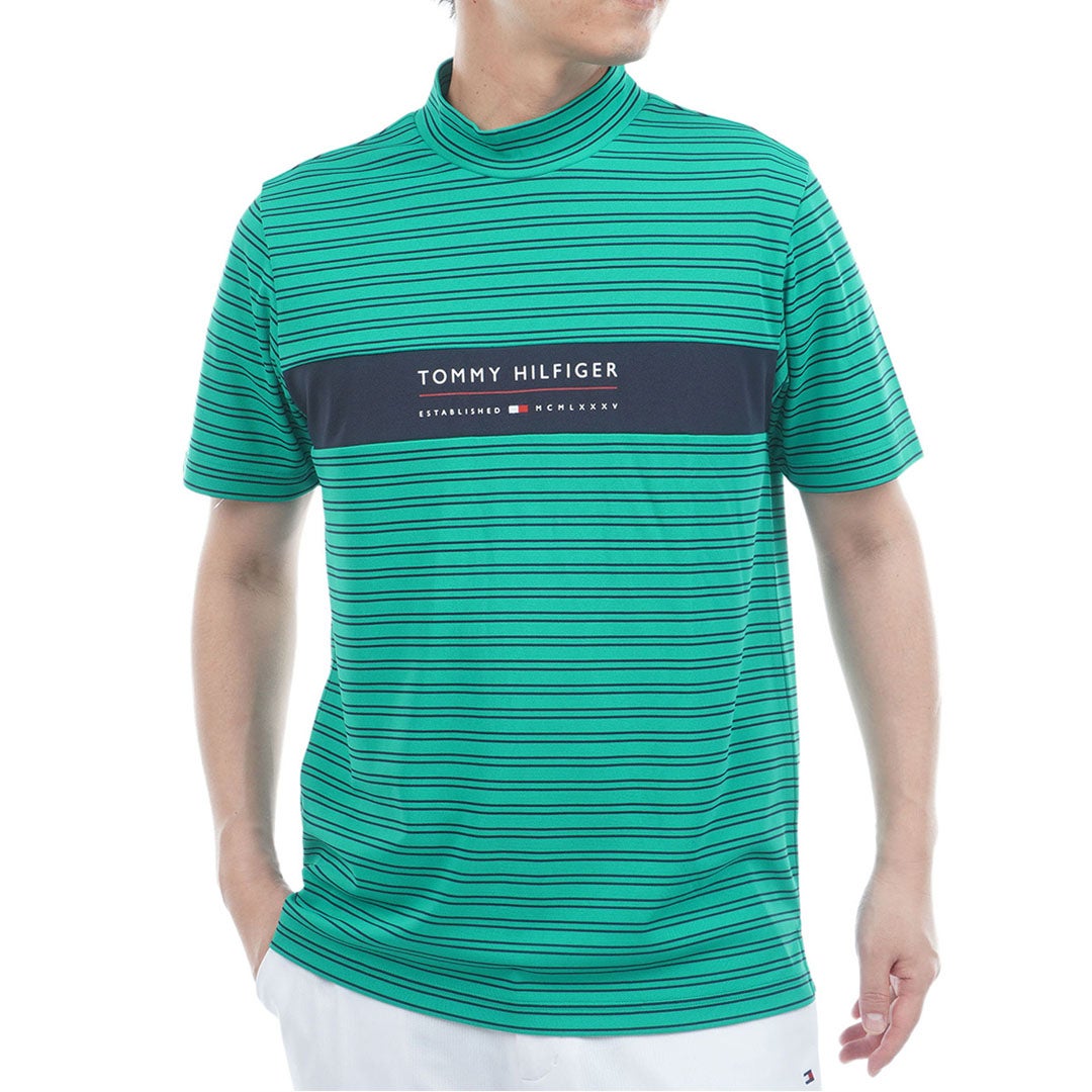 TommyHilfigerGolf トミー ヒルフィガー メンズ ゴルフウェア 半袖 モックネックシャツ THMA615 グリーン ボーダー