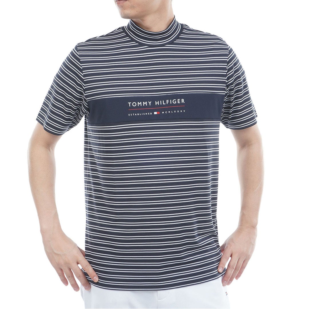 TommyHilfigerGolf トミー ヒルフィガー メンズ ゴルフウェア 半袖 モックネックシャツ THMA615 ネイビーホワイト ボーダー