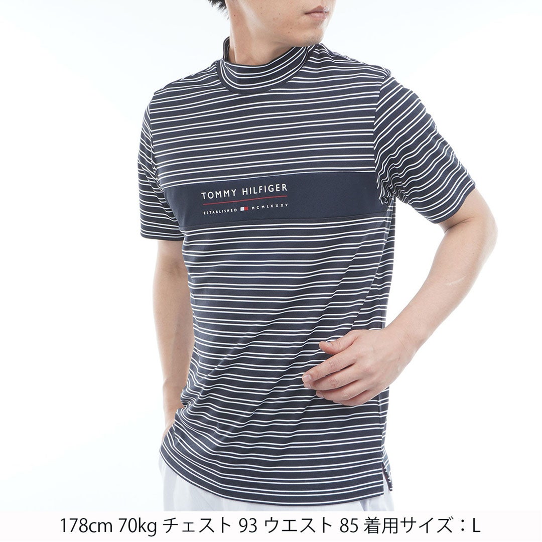 TommyHilfigerGolf トミー ヒルフィガー メンズ ゴルフウェア 半袖 モックネックシャツ THMA615 ネイビーホワイト ボーダー 詳細1