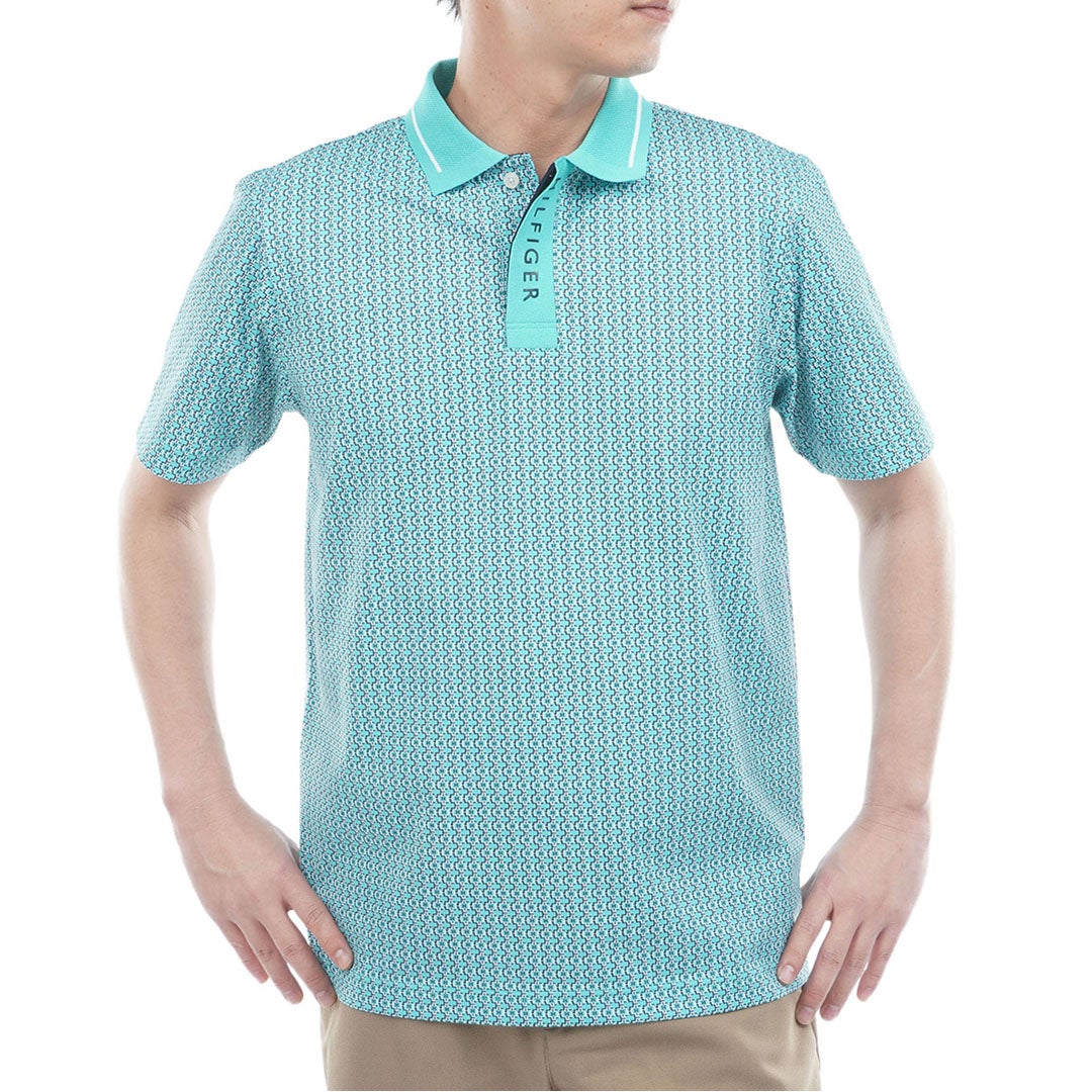 トミー ヒルフィガー ゴルフ TOMMY HILFIGER GOLF メンズ 小紋柄プリント 半袖ポロシャツ THMA626 ブルーグリーン