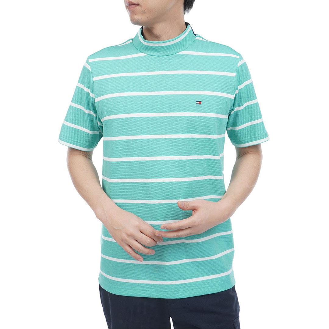 トミー ヒルフィガー ゴルフ TOMMY HILFIGER GOLF メンズ メッシュボーダー 半袖モックシャツ THMA627 ブルーグリーン