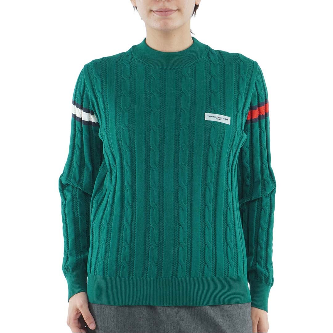 [トミー ヒルフィガー ゴルフ] TOMMY HILFIGER GOLF レディース 撥水 ケーブル柄 ボトルネックニット  THLA664 グリーン　詳細