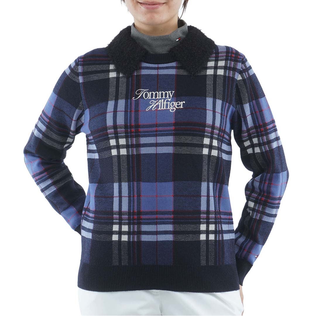 [トミー ヒルフィガー ゴルフ] TOMMY HILFIGER GOLF レディース 衿付き チェックジャカードニット  THLA668 ネイビー　詳細