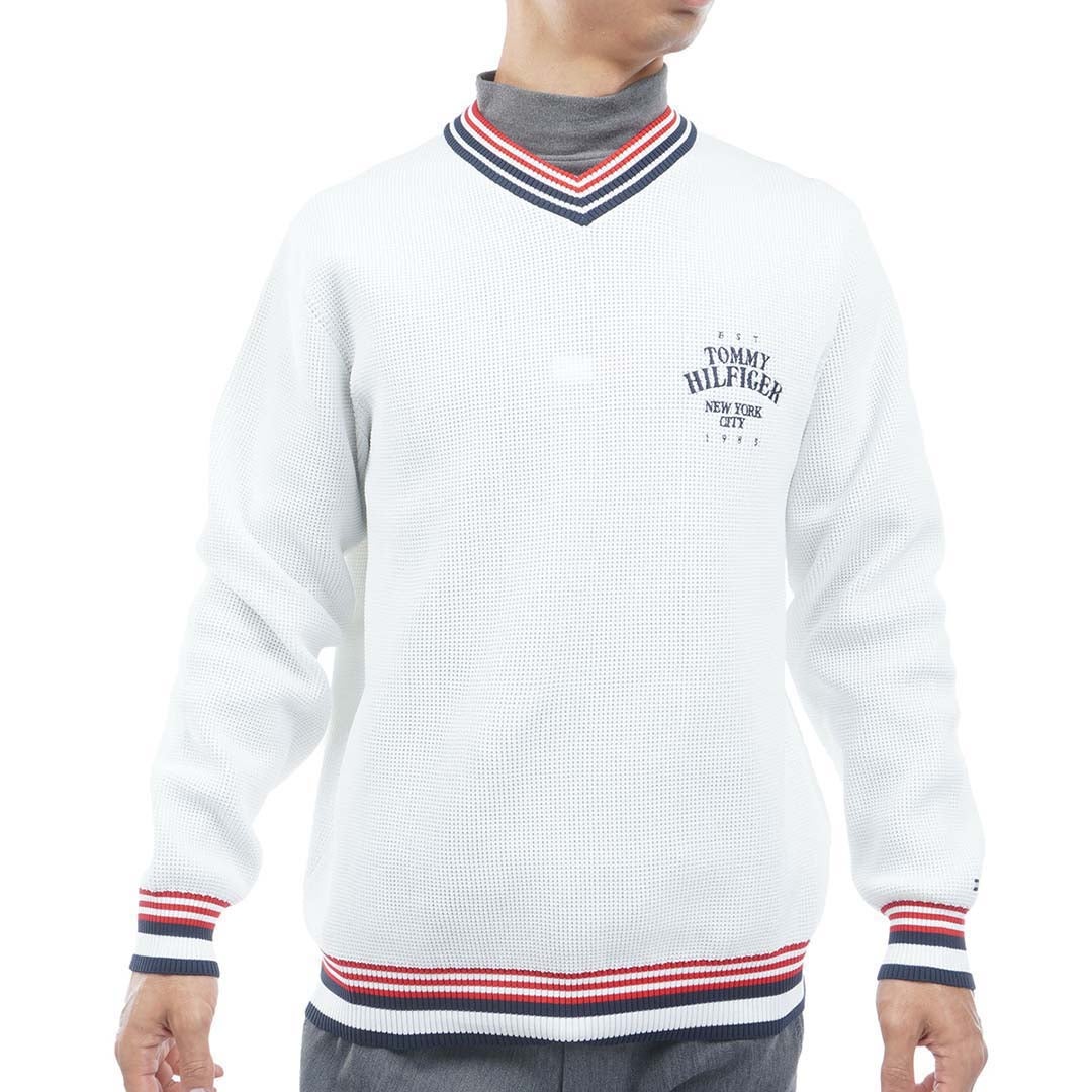 【吉田優利プロ着用（衿高6cm）】[トミー ヒルフィガー ゴルフ] TOMMY HILFIGER GOLF メンズ 撥水 Vネック チルデンニット　THMA651　オフホワイト　詳細