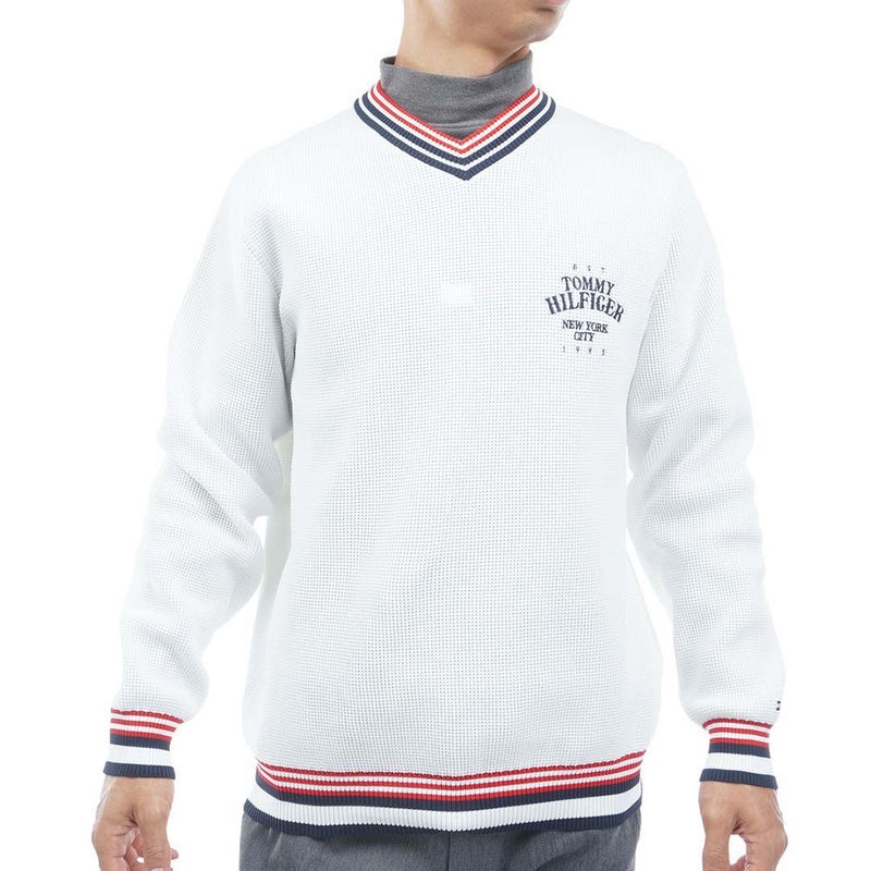 【吉田優利プロ着用（衿高6cm）】[トミー ヒルフィガー ゴルフ] TOMMY HILFIGER GOLF メンズ 撥水 Vネック チルデンニット　THMA651　オフホワイト　詳細