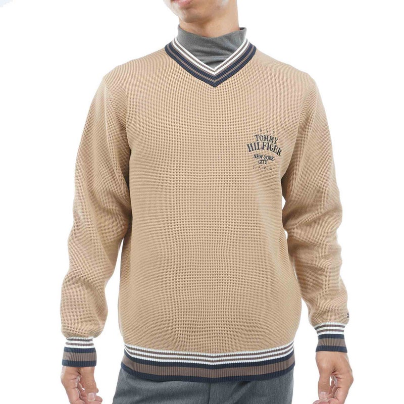 【吉田優利プロ着用（衿高6cm）】[トミー ヒルフィガー ゴルフ] TOMMY HILFIGER GOLF メンズ 撥水 Vネック チルデンニット　THMA651　ベージュ　詳細