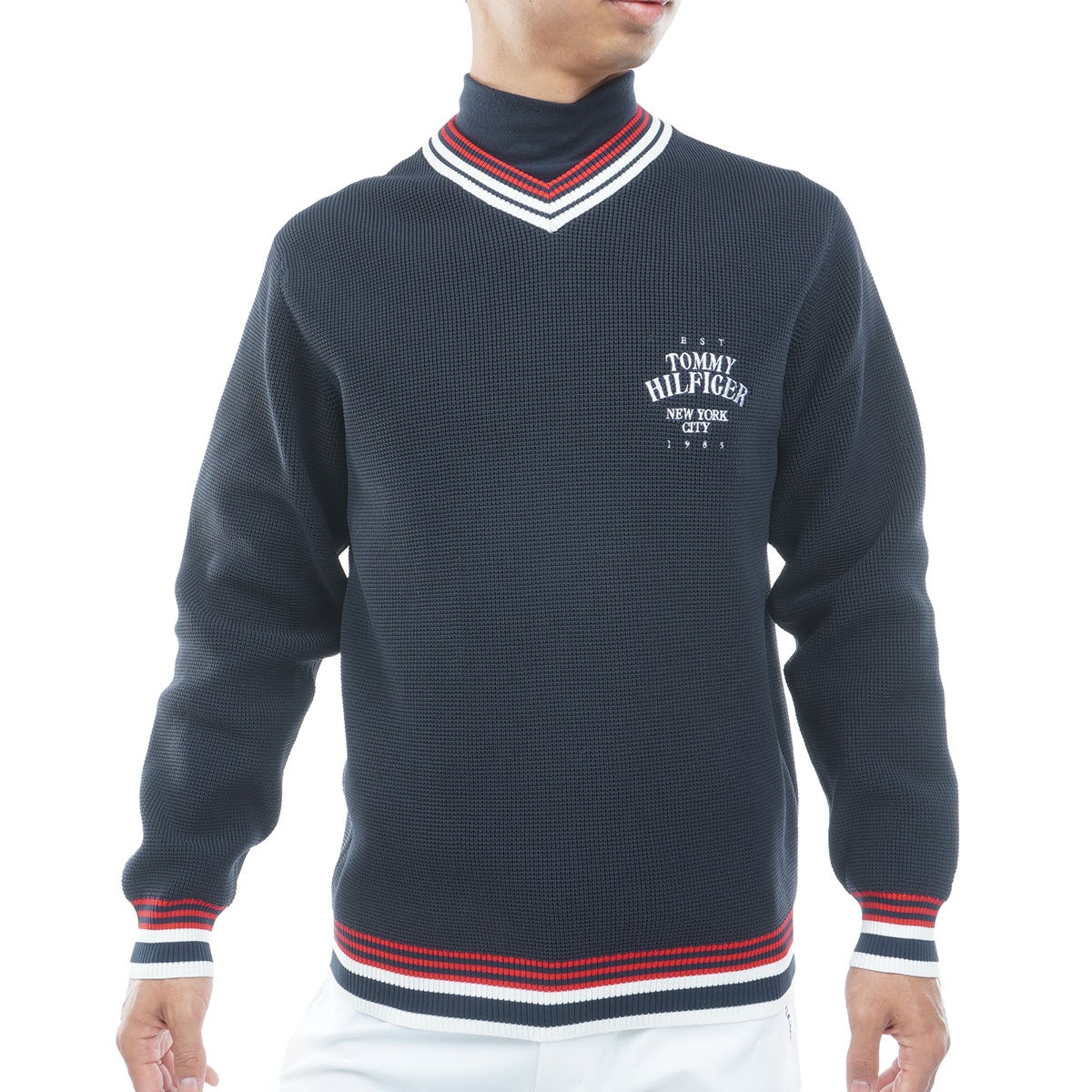 【吉田優利プロ着用（衿高6cm）】[トミー ヒルフィガー ゴルフ] TOMMY HILFIGER GOLF メンズ 撥水 Vネック チルデンニット　THMA651　ネイビー　詳細