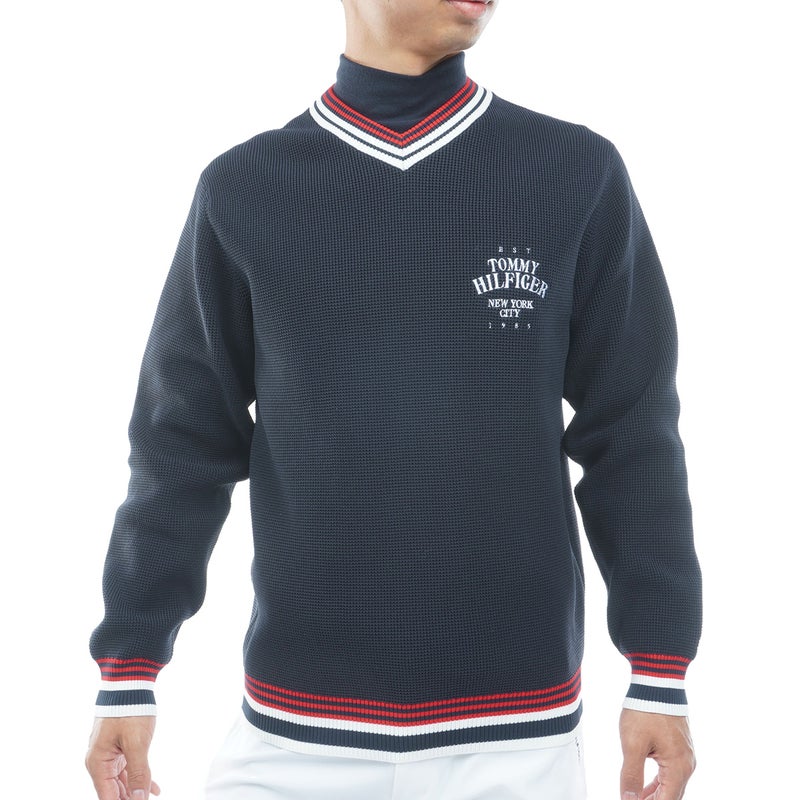 【吉田優利プロ着用（衿高6cm）】[トミー ヒルフィガー ゴルフ] TOMMY HILFIGER GOLF メンズ 撥水 Vネック チルデンニット　THMA651　ネイビー　詳細