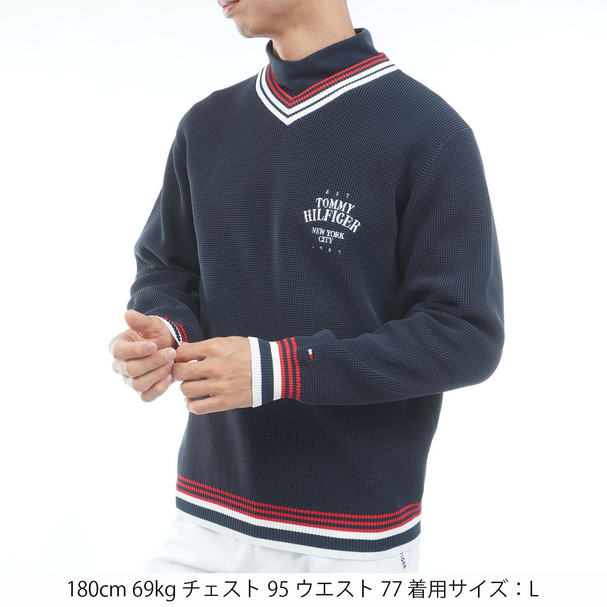 【吉田優利プロ着用（衿高6cm）】[トミー ヒルフィガー ゴルフ] TOMMY HILFIGER GOLF メンズ 撥水 Vネック チルデンニット　THMA651　ネイビー　詳細1