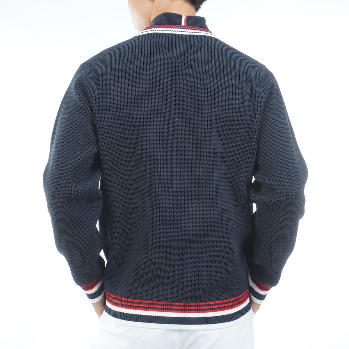 【吉田優利プロ着用（衿高6cm）】[トミー ヒルフィガー ゴルフ] TOMMY HILFIGER GOLF メンズ 撥水 Vネック チルデンニット　THMA651　ネイビー　詳細2