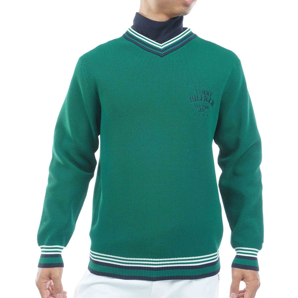 【吉田優利プロ着用（衿高6cm）】[トミー ヒルフィガー ゴルフ] TOMMY HILFIGER GOLF メンズ 撥水 Vネック チルデンニット　THMA651　グリーン　詳細