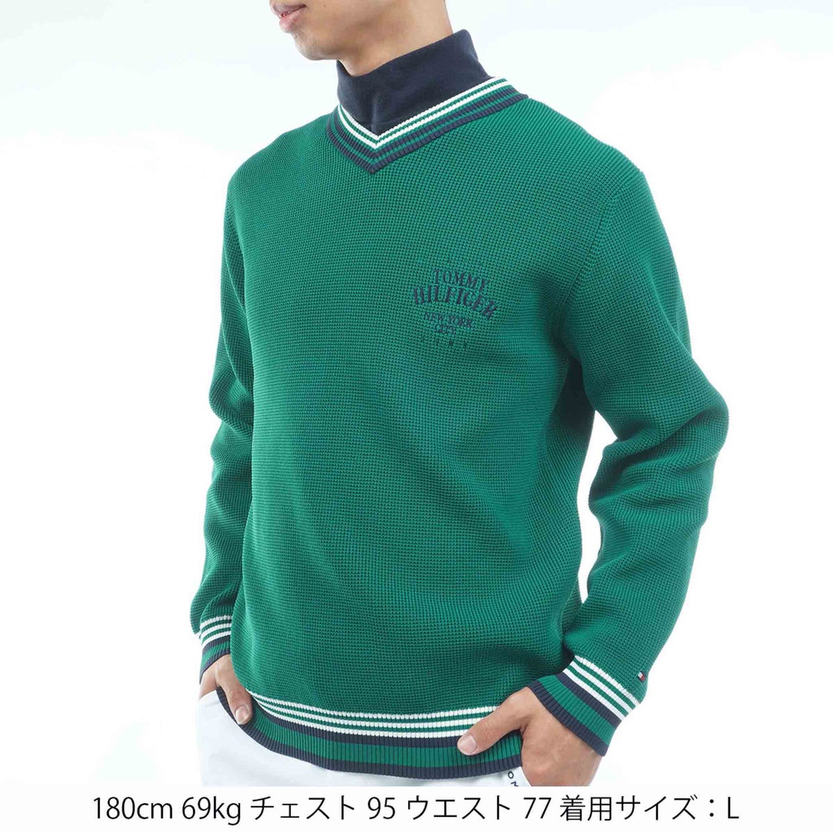 【吉田優利プロ着用（衿高6cm）】[トミー ヒルフィガー ゴルフ] TOMMY HILFIGER GOLF メンズ 撥水 Vネック チルデンニット　THMA651　グリーン　詳細1