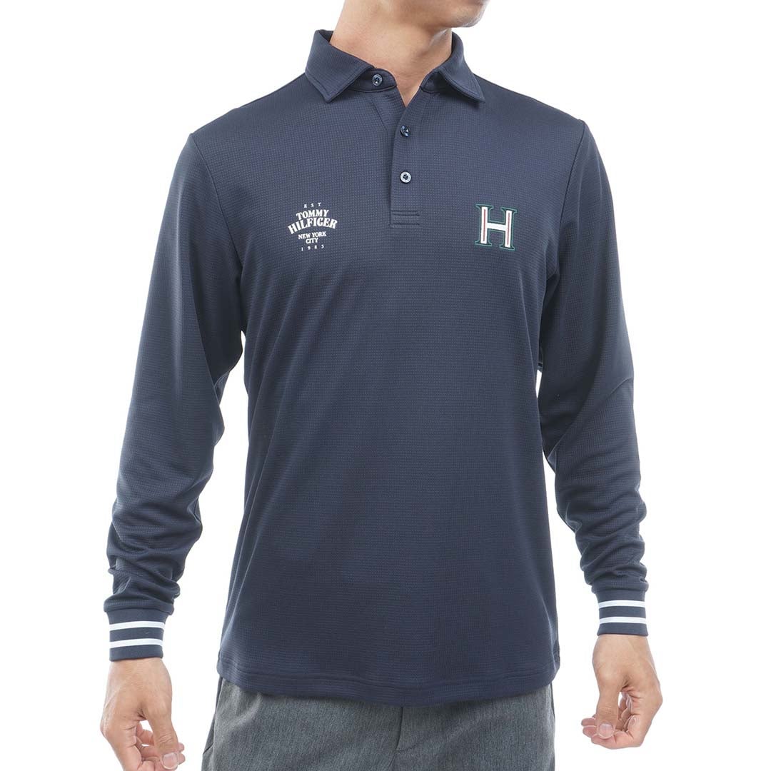 [トミー ヒルフィガー ゴルフ] TOMMY HILFIGER GOLF メンズ ワッフル 袖口リブ 長袖台衿付きシャツ　THMA654　ネイビー　詳細