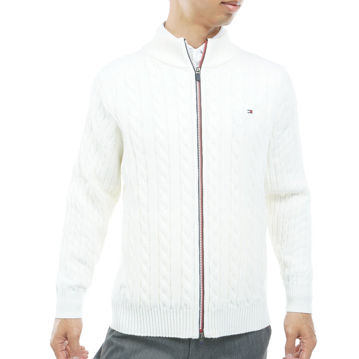 [トミー ヒルフィガー ゴルフ] TOMMY HILFIGER GOLF メンズ ケーブル柄 ニットジャケット　THMA668　オフホワイト　詳細