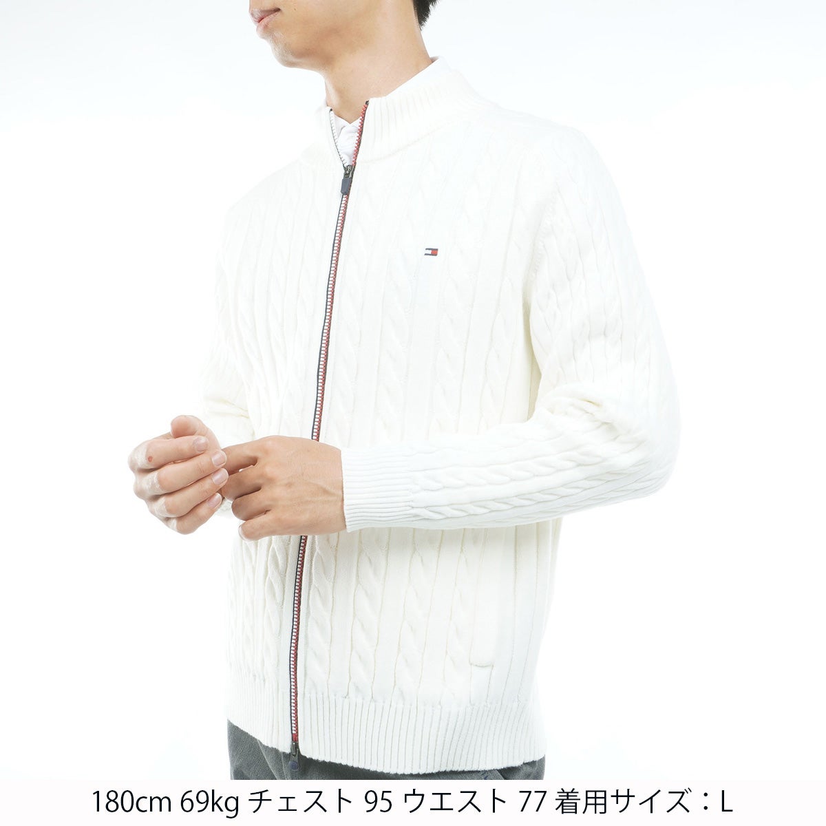 [トミー ヒルフィガー ゴルフ] TOMMY HILFIGER GOLF メンズ ケーブル柄 ニットジャケット　THMA668　オフホワイト　詳細1