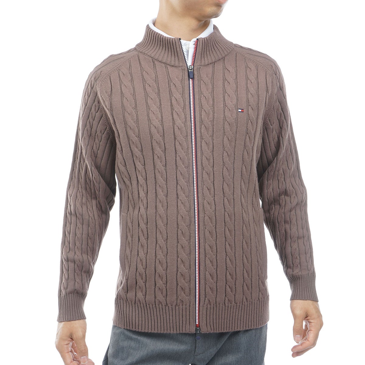 [トミー ヒルフィガー ゴルフ] TOMMY HILFIGER GOLF メンズ ケーブル柄 ニットジャケット　THMA668　モカ　詳細