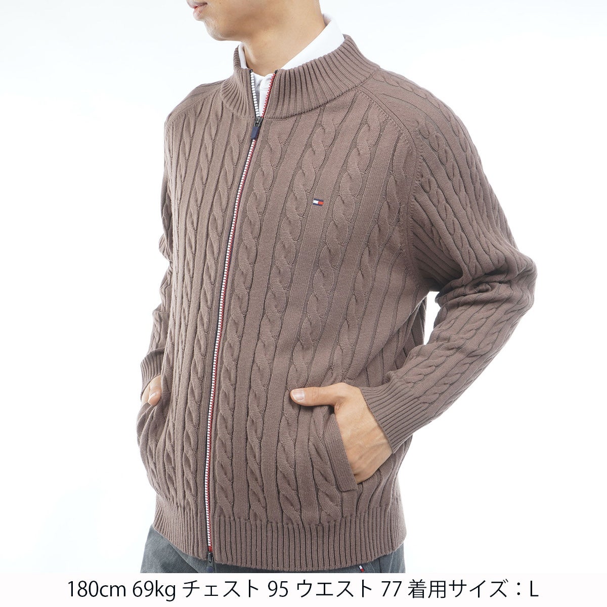 [トミー ヒルフィガー ゴルフ] TOMMY HILFIGER GOLF メンズ ケーブル柄 ニットジャケット　THMA668　モカ　詳細1