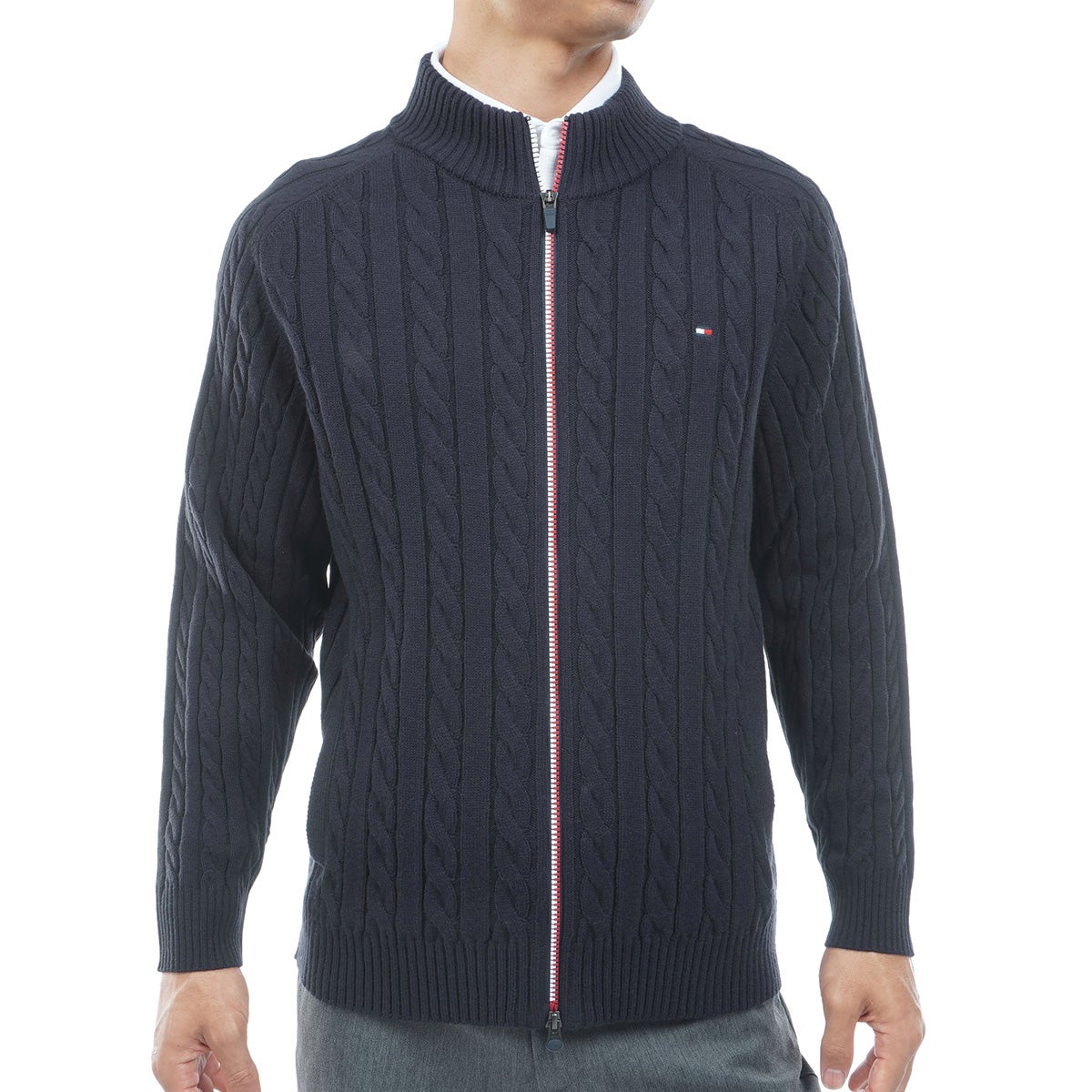 [トミー ヒルフィガー ゴルフ] TOMMY HILFIGER GOLF メンズ ケーブル柄 ニットジャケット　THMA668　ネイビー　詳細