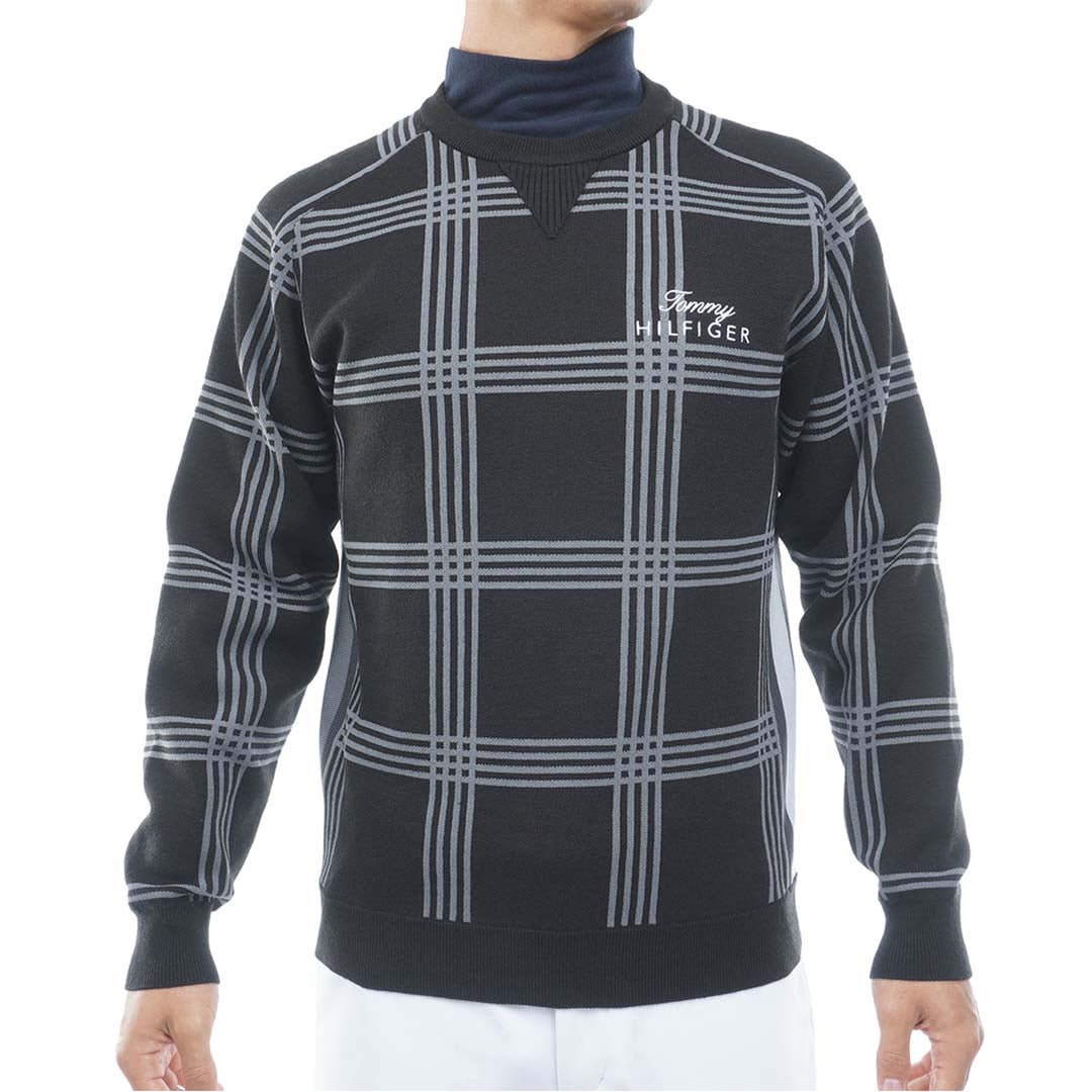 [トミー ヒルフィガー ゴルフ] TOMMY HILFIGER GOLF メンズ チェックジャガード クルーネックニット THMA669 ブラック　詳細
