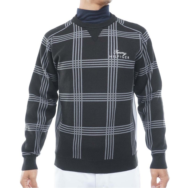 [トミー ヒルフィガー ゴルフ] TOMMY HILFIGER GOLF メンズ チェックジャガード クルーネックニット THMA669 ブラック　詳細