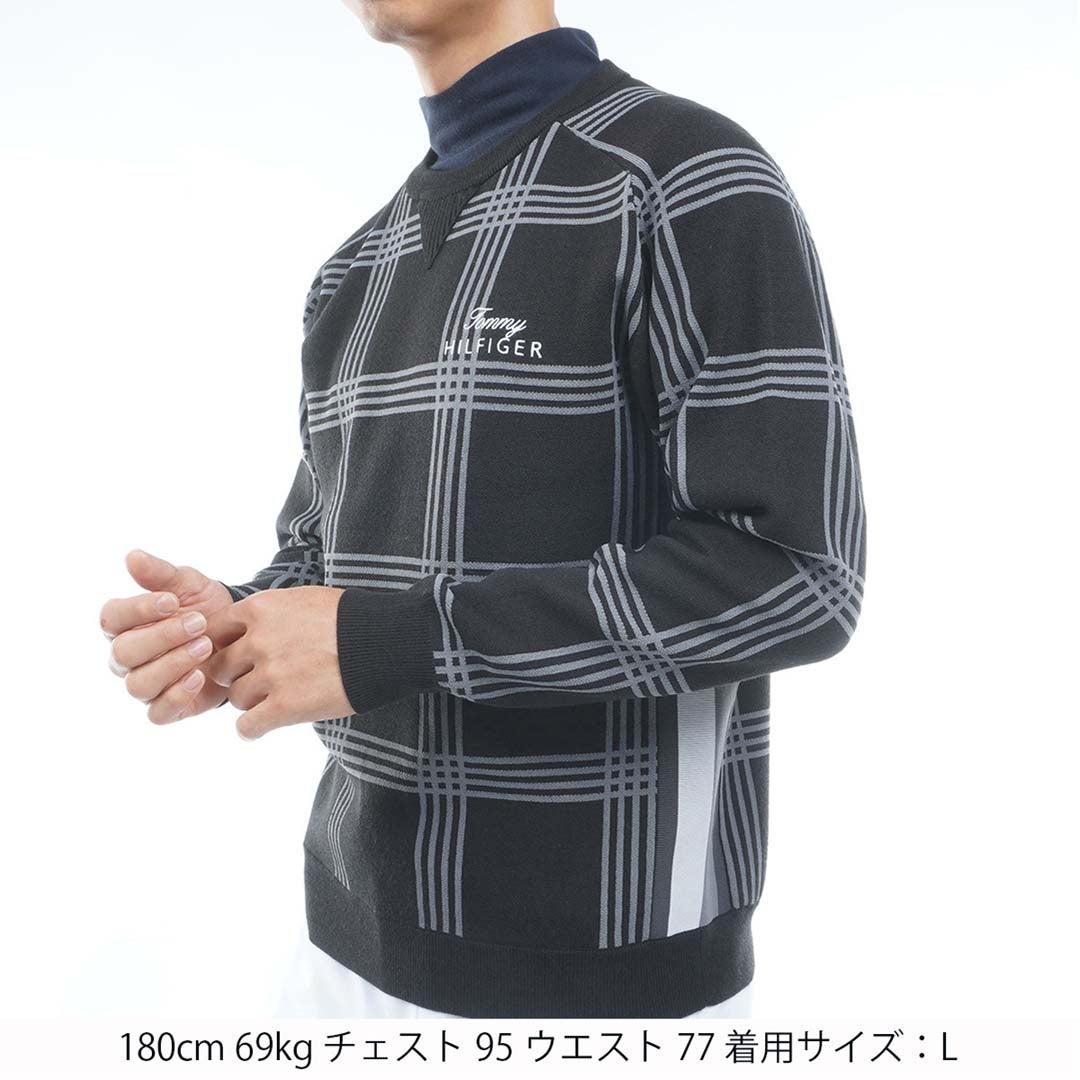 [トミー ヒルフィガー ゴルフ] TOMMY HILFIGER GOLF メンズ チェックジャガード クルーネックニット THMA669 ブラック　詳細1