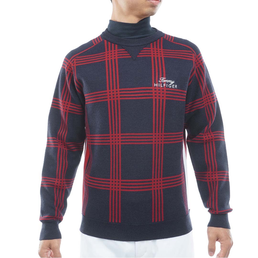 [トミー ヒルフィガー ゴルフ] TOMMY HILFIGER GOLF メンズ チェックジャガード クルーネックニット THMA669 ネイビー　詳細