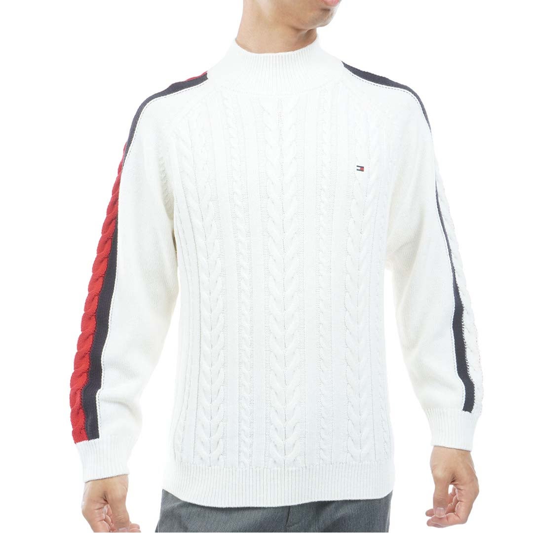[トミー ヒルフィガー ゴルフ] TOMMY HILFIGER GOLF メンズ ケーブル柄 袖トリコライン ハイネックニット THMA670 オフホワイト　詳細