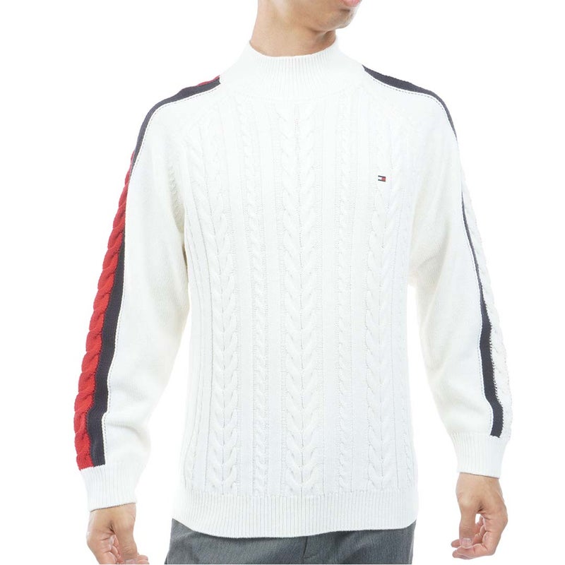 [トミー ヒルフィガー ゴルフ] TOMMY HILFIGER GOLF メンズ ケーブル柄 袖トリコライン ハイネックニット THMA670 オフホワイト　詳細