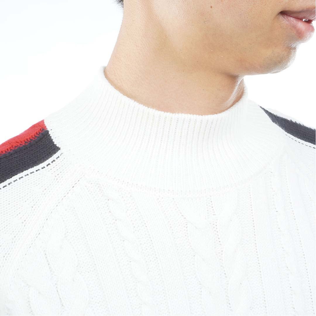 [トミー ヒルフィガー ゴルフ] TOMMY HILFIGER GOLF メンズ ケーブル柄 袖トリコライン ハイネックニット THMA670 オフホワイト　詳細6