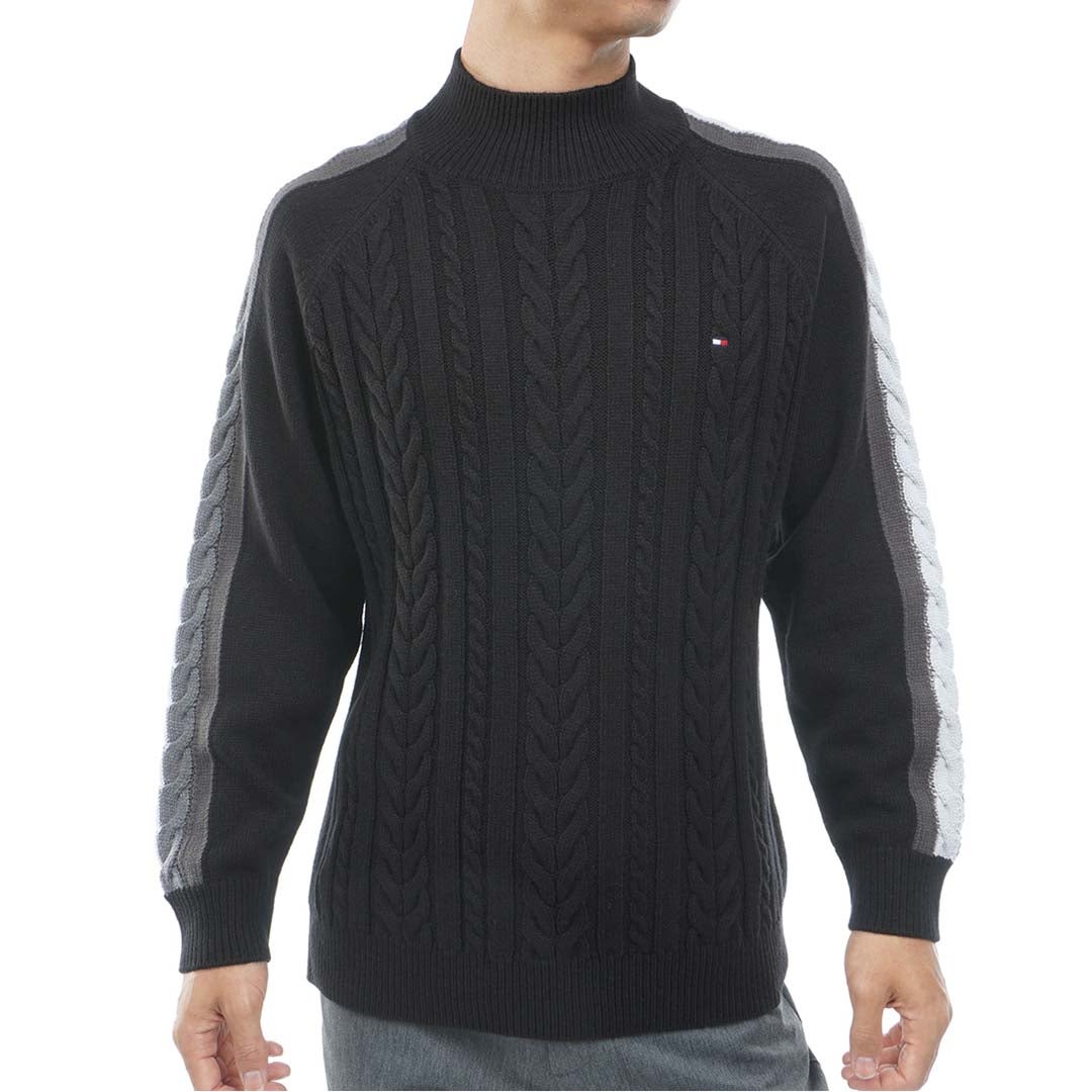 [トミー ヒルフィガー ゴルフ] TOMMY HILFIGER GOLF メンズ ケーブル柄 袖トリコライン ハイネックニット THMA670 ブラック　詳細