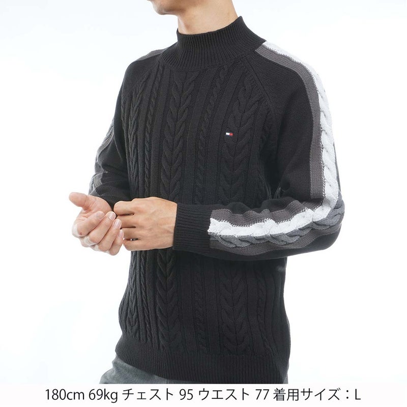 [トミー ヒルフィガー ゴルフ] TOMMY HILFIGER GOLF メンズ ケーブル柄 袖トリコライン ハイネックニット THMA670 ブラック　詳細1