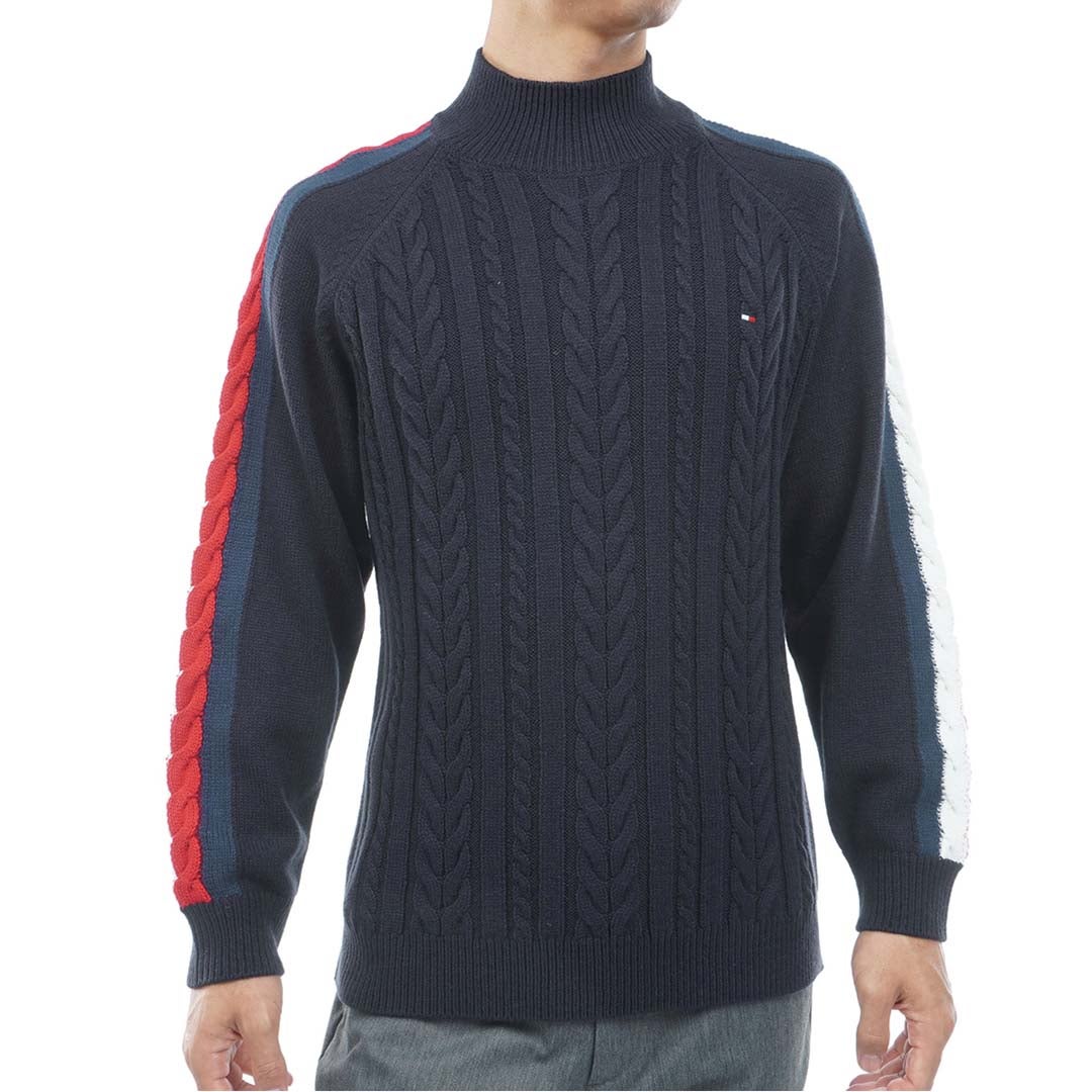 [トミー ヒルフィガー ゴルフ] TOMMY HILFIGER GOLF メンズ ケーブル柄 袖トリコライン ハイネックニット THMA670 ネイビー　詳細