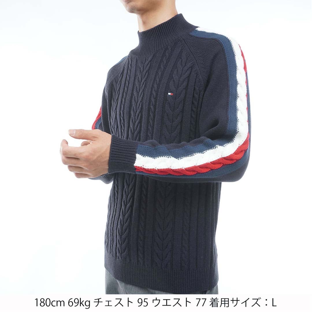 [トミー ヒルフィガー ゴルフ] TOMMY HILFIGER GOLF メンズ ケーブル柄 袖トリコライン ハイネックニット THMA670 ネイビー　詳細1