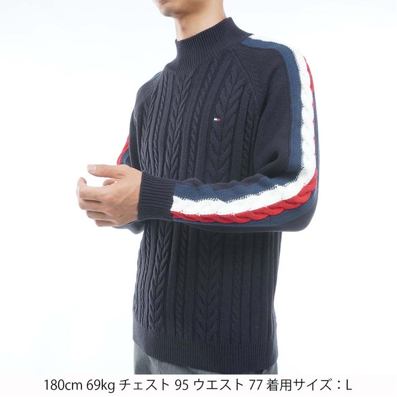 [トミー ヒルフィガー ゴルフ] TOMMY HILFIGER GOLF メンズ ケーブル柄 袖トリコライン ハイネックニット THMA670 ネイビー　詳細1